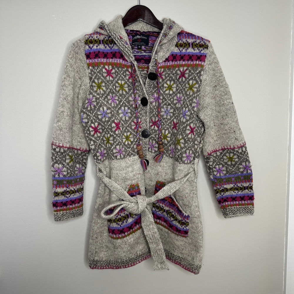 Lost‎ Horizons Women's Handknit 100% Wool Fair Isle Hooded Cardigan Sweater M